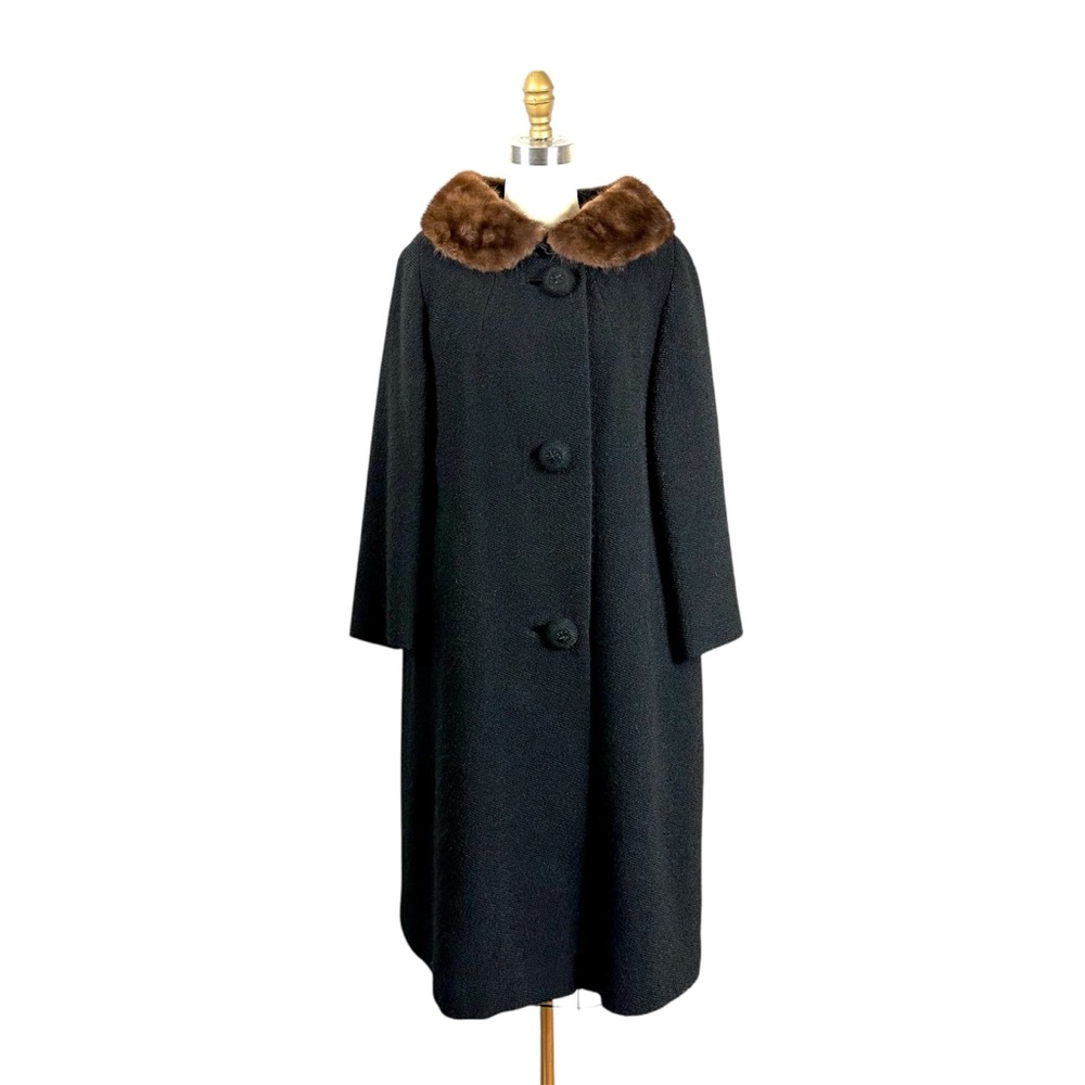 Vintage 60s Mink Fur Collared Winter Ladies Wool Coat: S/M